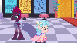 Size: 1249x704 | Tagged: safe, artist:swiftgaiathebrony, imported from derpibooru, cozy glow, fizzlepop berrytwist, tempest shadow, pegasus, pony, unicorn, choker, clothes, dress, duo, female, filly, gala dress, horn, mare, pretty pretty tempest, tempest gets her horn back