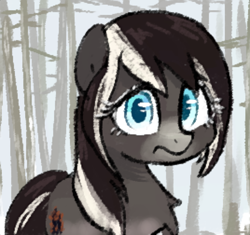 Size: 536x504 | Tagged: safe, artist:plunger, imported from derpibooru, imported from ponybooru, oc, oc only, oc:pine ponder, pony, /mlp/, blue eyes, chest fluff, disappointed, female, fluffy, forest, looking at you, mare, snow mare, snowpony (species), solo, taiga pony, tree, worried, yakutian horse