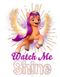 Size: 700x900 | Tagged: safe, imported from derpibooru, sunny starscout, alicorn, earth pony, pony, spoiler:g5, spoiler:my little pony: a new generation, alicornified, artificial wings, augmented, badge, bag, clothes, cropped, design, female, flying, g5, horn, looking at you, magic, magic horn, magic wings, mare, merchandise, my little pony: a new generation, official, race swap, satchel, shadow, shirt, shirt design, simple background, solo, sparkles, sunnycorn, text, transparent background, wings