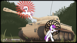 Size: 5581x3082 | Tagged: safe, artist:lyrabop, artist:shepardinthesky, imported from derpibooru, oc, oc only, earth pony, pegasus, pony, background, black sun, collaboration, duo, fascism, fashwave, gun, kar98k, nazi, nazi germany, rifle, rising sun, tank (vehicle), tiger (tank), vehicle, weapon, wehrmacht