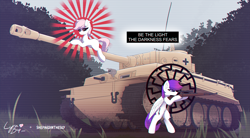 Size: 5581x3082 | Tagged: safe, alternate version, artist:lyrabop, artist:shepardinthesky, imported from derpibooru, oc, oc only, earth pony, pegasus, pony, background, black sun, collaboration, duo, error, fascism, fashwave, glitch, gun, kar98k, nazi, nazi germany, rifle, rising sun, scan lines, tank (vehicle), text, tiger (tank), vehicle, weapon, wehrmacht