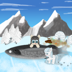 Size: 2160x2160 | Tagged: safe, artist:limitmj, imported from derpibooru, oc, oc only, fish, pony, duo, female, filly, foal, high res, igloo, mountain, snow mare, snowpony (species), taiga pony, tree, village, yakutian horse