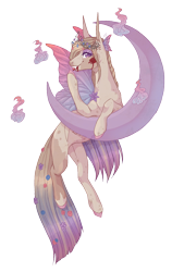 Size: 808x1275 | Tagged: safe, artist:luuny-luna, imported from derpibooru, oc, oc only, oc:elowyn, pegasus, pony, blood, butterfly wings, commission, crescent moon, female, mare, moon, simple background, solo, tangible heavenly object, transparent background, transparent moon, wings, ych result