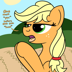 Size: 2000x2000 | Tagged: safe, artist:dafiltafish, imported from derpibooru, applejack, earth pony, pony, high res, outdoors, solo, text, tongue out, wisdom, yeehaw