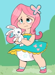 Size: 1494x2048 | Tagged: safe, artist:cuddlehooves, imported from derpibooru, fluttershy, human, blush sticker, blushing, bunny plushie, clothes, diaper, dress, humanized, plush bunny, plushie, poofy diaper, rattle, toddler, young