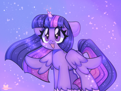 Size: 4000x3000 | Tagged: safe, artist:bunxl, imported from derpibooru, twilight sparkle, alicorn, pony, :3, abstract background, anime, cute, floppy ears, open mouth, smiling, solo, sparkles, spread wings, starry eyes, stars, twiabetes, twilight sparkle (alicorn), wingding eyes, wings