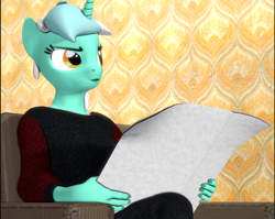 Size: 1358x1080 | Tagged: safe, artist:backmaker, imported from derpibooru, lyra heartstrings, anthro, unicorn, 3d, crossover, down beat bear, meme, newspaper, ponified meme, reference, solo, source filmmaker, tom and jerry, tom reading the newspaper