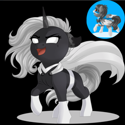 Size: 2834x2834 | Tagged: safe, artist:schokocream, imported from derpibooru, oc, oc only, pony, unicorn, black background, coat markings, duo, high res, horn, open mouth, raised hoof, simple background, smiling, socks (coat markings), unicorn oc, white eyes