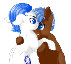 Size: 2548x2298 | Tagged: safe, artist:schokocream, imported from derpibooru, oc, oc only, oc:antony c, oc:any pony, earth pony, pony, duo, earth pony oc, high res, hug, male, simple background, smiling, stallion, white background