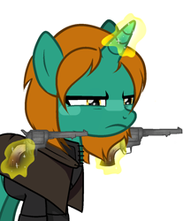 Size: 1042x1206 | Tagged: safe, artist:housston, imported from derpibooru, oc, oc only, oc:dust runner, pony, unicorn, base used, clothes, female, gun, handgun, levitation, magic, mare, revolver, simple background, solo, telekinesis, white background