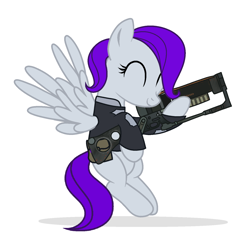 Size: 1488x1403 | Tagged: safe, artist:housston, imported from derpibooru, oc, oc only, oc:morning glory (project horizons), pegasus, aer-14, aer-14 prototype, clothes, commission, fallout, female, gun, laser rifle, mare, simple background, weapon, white background, ych result