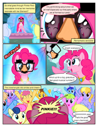 Size: 612x792 | Tagged: safe, artist:newbiespud, imported from derpibooru, bon bon, caramel, cloud kicker, daisy, dizzy twister, flower wishes, linky, minuette, orange swirl, pinkie pie, rainbowshine, sassaflash, sea swirl, seafoam, shoeshine, sweetie drops, earth pony, pegasus, pony, unicorn, comic:friendship is dragons, friendship is magic, magical mystery cure, a true true friend, background pony audience, bipedal, cheering, comic, element of laughter, eye reflection, female, glasses, groucho mask, male, mare, onomatopoeia, outdoors, pinkamena diane pie, ponyville, reflection, smiling, stallion