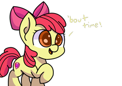 Size: 2802x2000 | Tagged: safe, artist:exoticeon, imported from derpibooru, apple bloom, earth pony, pony, dialogue, female, filly, high res, open mouth, open smile, raised hoof, simple background, smiling, solo, transparent background
