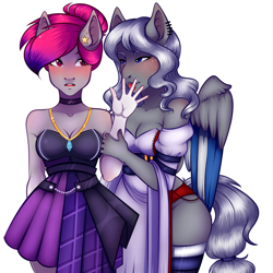 Size: 4000x4000 | Tagged: safe, artist:vetta, imported from derpibooru, oc, anthro, earth pony, pegasus, blushing, breasts, choker, cleavage, clothes, dress, ear piercing, jewelry, licking, licking fingers, necklace, open mouth, piercing, tongue out