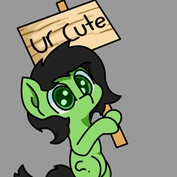 Size: 2000x2000 | Tagged: safe, artist:exoticeon, imported from derpibooru, oc, oc only, oc:filly anon, earth pony, pony, bipedal, colored pupils, female, filly, gray background, high res, holding sign, looking at you, sign, simple background, solo, wide eyes