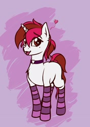 Size: 1527x2160 | Tagged: safe, artist:koshakevich, imported from derpibooru, oc, oc only, oc:vetta, pony, unicorn, clothes, collar, socks, solo, stockings, striped socks, thigh highs