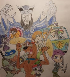 Size: 1491x1635 | Tagged: safe, artist:bozzerkazooers, artist:jebens1, imported from derpibooru, rainbow dash, sci-twi, scootaloo, spike, twilight sparkle, dog, equestria girls, clothes, daphne blake, donatello, driving, fred jones, gloves, grin, ho chan, leonardo, looking at you, looming, motorcross, ninja turtles, panic, parody, reference, scooby doo, scooby doo (character), shaggy, shaggy rogers, smiling, smug, spike the dog, traditional art, velma dinkley