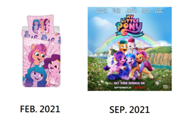 Size: 1084x774 | Tagged: safe, imported from derpibooru, hitch trailblazer, izzy moonbow, pipp petals, sunny starscout, zipp storm, 2021, bedsheets, comparison, g5, mane five (g5), poster