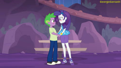 Size: 2048x1152 | Tagged: safe, alternate version, artist:georgegarza01, imported from derpibooru, rarity, spike, human, equestria girls, equestria girls series, rollercoaster of friendship, blushing, converse, female, human spike, humanized, looking at each other, male, rarity peplum dress, shipping, shoes, show accurate, sparity, straight