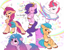 Size: 1900x1500 | Tagged: safe, artist:spoosha, imported from derpibooru, hitch trailblazer, izzy moonbow, pipp petals, sunny starscout, zipp storm, earth pony, pegasus, pony, unicorn, adorapipp, adorazipp, ball, chest fluff, cute, fake horn, female, g5, glitter, glowin' up, izzy's tennis ball, male, mane five (g5), mare, royal sisters (g5), siblings, sisters, stallion, tennis ball, unshorn fetlocks