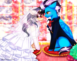 Size: 4000x3179 | Tagged: safe, artist:krissstudios, imported from derpibooru, oc, oc only, earth pony, pegasus, pony, clothes, dress, female, male, mare, stallion, suit, wedding dress