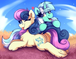 Size: 2250x1750 | Tagged: safe, artist:shadowreindeer, imported from derpibooru, bon bon, lyra heartstrings, sweetie drops, earth pony, pony, unicorn, ;p, adorabon, blushing, butt, chest fluff, cute, dock, ear fluff, eye clipping through hair, eyebrows, eyebrows visible through hair, featureless crotch, female, lesbian, looking at you, looking back, looking back at you, lying down, lyrabetes, lyrabon, one eye closed, open mouth, open smile, plot, prone, shipping, smiling, tongue out, underhoof, wink, winking at you