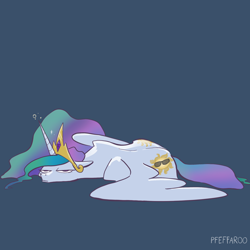 Size: 2048x2048 | Tagged: safe, artist:pfeffaroo, imported from derpibooru, princess celestia, alicorn, pony, alternate cutie mark, blue background, crown, cutie mark, female, high res, jewelry, lying down, majestic as fuck, mare, regalia, simple background, solo, tired