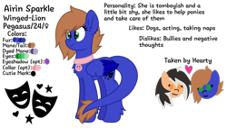 Size: 2000x1133 | Tagged: safe, artist:froyo15sugarblast, imported from derpibooru, oc, oc:airin sparkle, oc:hearty felt, original species, pegasus, pony, airifelt, collar, female, implied lesbian, leonine tail, peace sign, simple background, theater masks, tomboy, trans female, transgender, transparent background, two toned wings, winged lion pegasus, wings