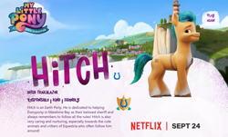 Size: 1513x916 | Tagged: safe, imported from derpibooru, hitch trailblazer, earth pony, pony, g5, looking at you, male, maretime bay, my little pony: a new generation, my little pony: a new generation logo, netflix logo, official, smiling, smiling at you, solo, stallion, text