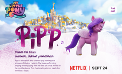 Size: 1517x916 | Tagged: safe, imported from derpibooru, pipp petals, pegasus, pony, eyes closed, female, g5, mare, my little pony: a new generation, my little pony: a new generation logo, netflix logo, official, smiling, solo, text