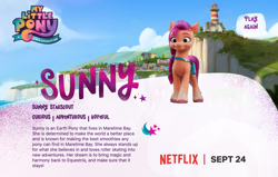 Size: 2192x1394 | Tagged: safe, imported from derpibooru, sunny starscout, earth pony, pony, female, g5, mare, my little pony: a new generation, my little pony: a new generation logo, netflix logo, official, smiling, solo, text