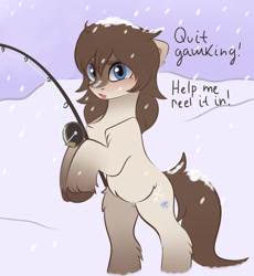 Size: 1800x1957 | Tagged: safe, artist:vetta, edit, editor:hotkinkajou, imported from derpibooru, oc, oc only, oc:frosty flakes, earth pony, pony, bipedal, dialogue, female, fishermare, fishing, fishing rod, hoof hold, open mouth, snow, snow mare, snowpony (species), solo, taiga pony, unshorn fetlocks, yakutian horse