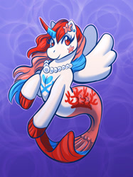 Size: 942x1261 | Tagged: safe, artist:ryokonokalo, imported from derpibooru, oc, oc only, alicorn, merpony, pony, seapony (g4), starfish, blue background, digital art, female, fins, fish tail, flowing mane, flowing tail, horn, jewelry, mermaid tail, necklace, pearl necklace, red eyes, simple background, smiling, solo, tail, wings