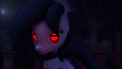 Size: 3840x2160 | Tagged: safe, artist:arrell, imported from derpibooru, oc, oc:madam matilda, pony, 3d, choker, glowing eyes, goat eyes, gravestone, graveyard, high res, horizontal pupils, jewelry, looking at you, necklace, night, solo, source filmmaker, spooky, tombstones