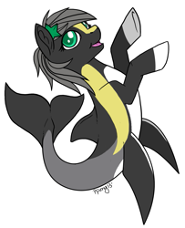 Size: 945x1164 | Tagged: safe, artist:papercutpony, imported from derpibooru, oc, oc only, hybrid, merpony, original species, seapony (g4), shark, shark pony, starfish, digital art, dorsal fin, female, fish tail, flowing tail, gray mane, green eyes, open mouth, signature, simple background, smiling, solo, tail, white background