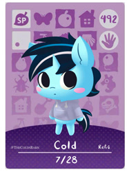 Size: 1121x1500 | Tagged: safe, artist:thecoldsbarn, imported from derpibooru, oc, oc only, oc:cold dream, anthro, amiibo, animal crossing, blushing, card, chibi, cute, looking at you, solo