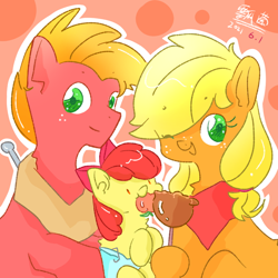 Size: 650x650 | Tagged: safe, artist:piaojun55154, artist:风中飘舞的野菌猫子, imported from derpibooru, apple bloom, applejack, big macintosh, earth pony, pony, apple, baby, baby apple bloom, baby pony, caramel apple (food), female, filly, foal, food, male, mare, neckerchief, stallion, younger