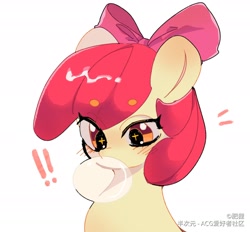 Size: 2048x1900 | Tagged: safe, artist:肥狸, imported from derpibooru, apple bloom, earth pony, pony, blushing, bubblegum, female, filly, food, gum, simple background, solo, surprised, wingding eyes