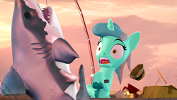 Size: 1920x1080 | Tagged: safe, artist:aleshi, imported from derpibooru, lyra heartstrings, pony, shark, unicorn, 3d, female, fishing, fishing rod, hoof hold, horn, mare, open mouth, orange eyes, pencil, solo, source filmmaker, surprised, unshorn fetlocks