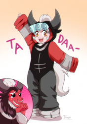 Size: 1136x1615 | Tagged: safe, artist:traupa, imported from derpibooru, cozy glow, lord tirek, anthro, centaur, pegasus, taur, clothes, costume, cozybetes, crying, cute, daddy tirek, freckles, kigurumi, tears of joy, teary eyes, tirebetes, tirek costume