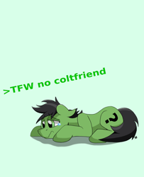 Size: 1588x1957 | Tagged: safe, artist:sefastpone, imported from derpibooru, oc, oc only, oc:anon stallion, earth pony, pony, black mane, crying, digital art, eyebrows, eyebrows visible through hair, gay, green background, green eyes, greentext, lying down, male, prone, simple background, solo, stallion, teary eyes, text