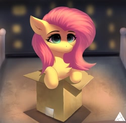 Size: 1620x1584 | Tagged: safe, artist:delta hronum, imported from derpibooru, fluttershy, pegasus, pony, box, chest fluff, cute, daaaaaaaaaaaw, flutterbox, pony in a box, shyabetes, solo