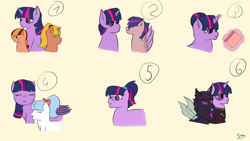 Size: 1192x670 | Tagged: safe, artist:schumette14, imported from derpibooru, twilight sparkle, oc, oc:jonagold, oc:lustre elstar, oc:snowflakes, oc:sparkle flashy, alicorn, changeling, earth pony, pegasus, unicorn, alternate universe, dusk shine, magical lesbian spawn, multiverse, next generation, offspring, parent:applejack, parent:twilight sparkle, parents:twijack, rule 63, story in the source, story included