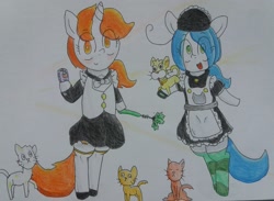 Size: 2048x1499 | Tagged: safe, artist:cherro, imported from derpibooru, oc, oc only, oc:kitty kit, oc:mal, earth pony, pony, semi-anthro, unicorn, bipedal, clothes, maid, socks, traditional art