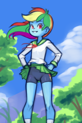 Size: 1020x1530 | Tagged: safe, artist:drantyno, imported from derpibooru, rainbow dash, human, equestria girls, clothes, hand on hip, legs, school uniform, shorts, skirt, skirt flip, skirt lift, sky, smiling, socks, solo, sports shorts, tree, upskirt, wind