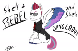 Size: 1830x1200 | Tagged: safe, artist:kiumba, imported from derpibooru, zipp storm, pegasus, pony, billie joe armstrong, g5, green day, outfit, rebel, reference, she's a rebel, simple background, solo, song reference, song reference in the description, wings