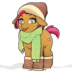 Size: 1040x1040 | Tagged: safe, artist:sugarelement, imported from derpibooru, babs seed, earth pony, pony, :p, boots, clothes, female, filly, floppy ears, hat, scarf, shoes, snow, solo, tongue out, winter outfit