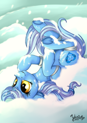 Size: 2894x4093 | Tagged: safe, artist:julunis14, imported from derpibooru, oc, oc:glacandra, pony, unicorn, armband, commissioner:luxorianin, cute, female, freckles, horn, legs in air, not trixie, ocbetes, snow, snow on nose, underhoof, unicorn oc, upside down