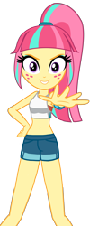 Size: 1448x3624 | Tagged: safe, artist:sapphire, derpibooru exclusive, imported from derpibooru, sour sweet, equestria girls, alternate clothes, belly button, clothes, clothes swap, crossover, hot pants, looking at you, midriff, pokémon, simple background, smiling, smiling at you, sports bra, transparent background