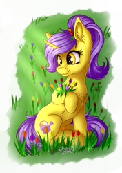 Size: 2894x4093 | Tagged: safe, artist:julunis14, imported from derpibooru, oc, oc only, oc:tulipan, pony, unicorn, bouquet, chest fluff, commissioner:luxorianin, cute, ear fluff, female, flower, flower in hair, ponytail, simple background, solo, transparent background, tulip